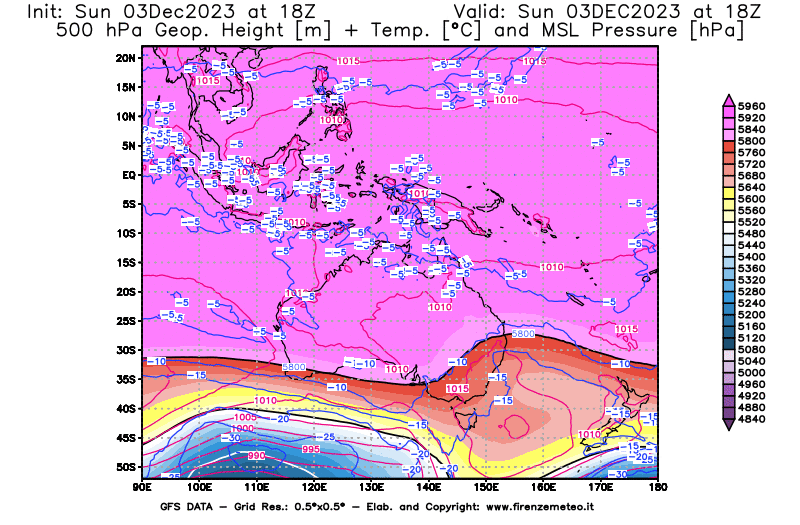 GFS analysi map - Geopotential + Temp. at 500 hPa + Sea Level Pressure in Oceania
									on December 3, 2023 H18
