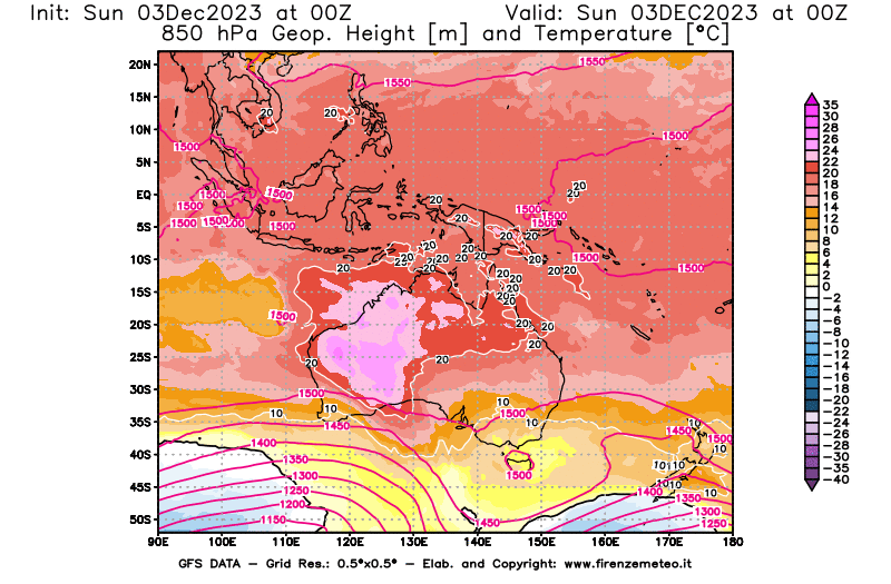 Mappa di analisi GFS - Geopotenziale e Temperatura a 850 hPa in Oceania
							del 3 dicembre 2023 z00