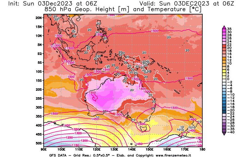 Mappa di analisi GFS - Geopotenziale e Temperatura a 850 hPa in Oceania
							del 3 dicembre 2023 z06