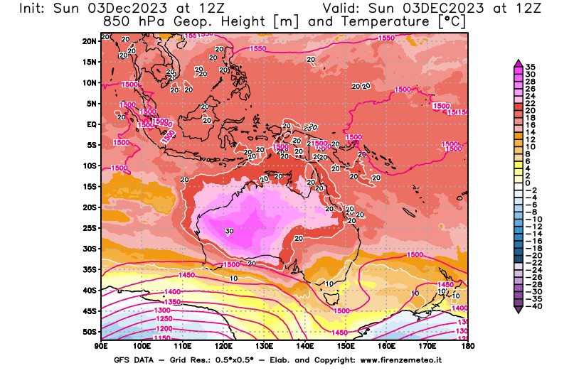 GFS analysi map - Geopotential and Temperature at 850 hPa in Oceania
									on December 3, 2023 H12