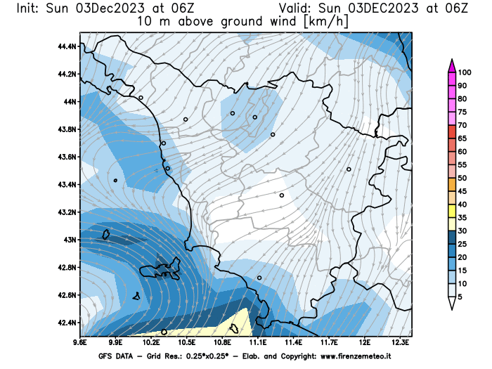 Mappa di analisi GFS - Velocità del vento a 10 metri dal suolo in Toscana
							del 3 dicembre 2023 z06