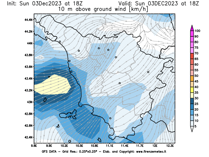 Mappa di analisi GFS - Velocità del vento a 10 metri dal suolo in Toscana
							del 3 dicembre 2023 z18
