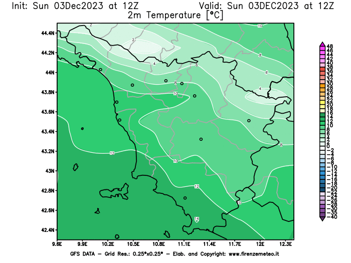 Mappa di analisi GFS - Temperatura a 2 metri dal suolo in Toscana
							del 3 dicembre 2023 z12