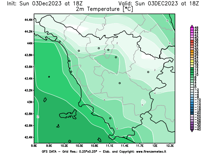 GFS analysi map - Temperature at 2 m above ground in Tuscany
									on December 3, 2023 H18