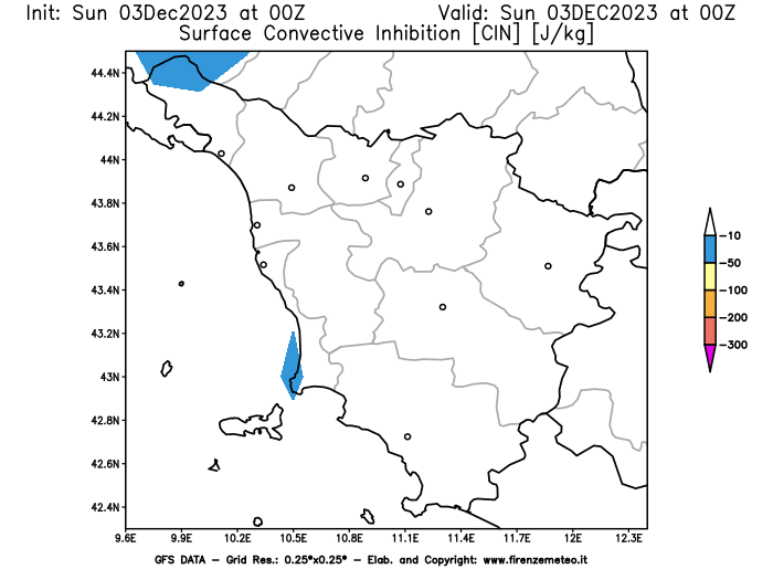 GFS analysi map - CIN in Tuscany
									on December 3, 2023 H00