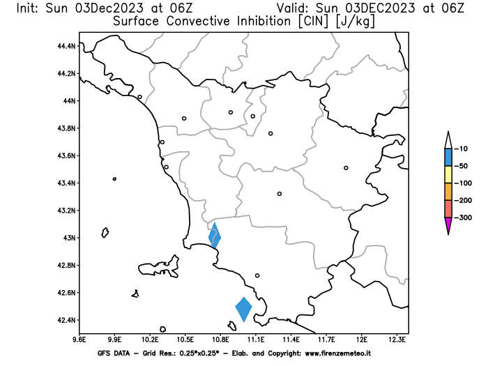 GFS analysi map - CIN in Tuscany
									on December 3, 2023 H06