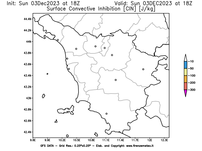 GFS analysi map - CIN in Tuscany
									on December 3, 2023 H18