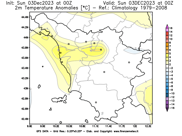 Mappa di analisi GFS - Anomalia Temperatura a 2 m in Toscana
							del 3 dicembre 2023 z00