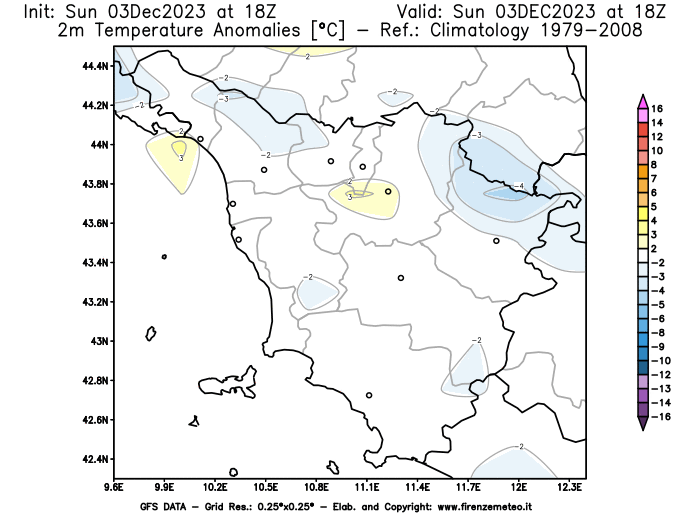 Mappa di analisi GFS - Anomalia Temperatura a 2 m in Toscana
							del 3 dicembre 2023 z18