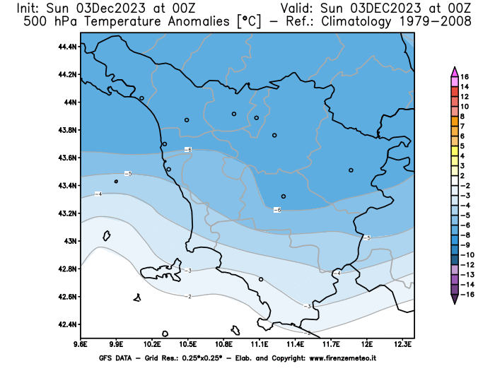 Mappa di analisi GFS - Anomalia Temperatura a 500 hPa in Toscana
							del 3 dicembre 2023 z00