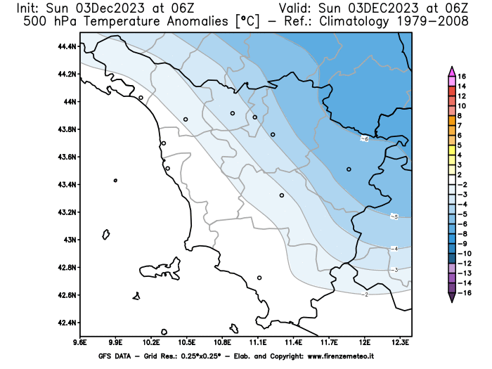 Mappa di analisi GFS - Anomalia Temperatura a 500 hPa in Toscana
							del 3 dicembre 2023 z06