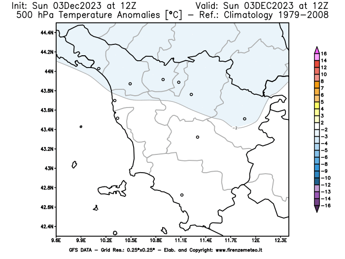 GFS analysi map - Temperature Anomalies at 500 hPa in Tuscany
									on December 3, 2023 H12