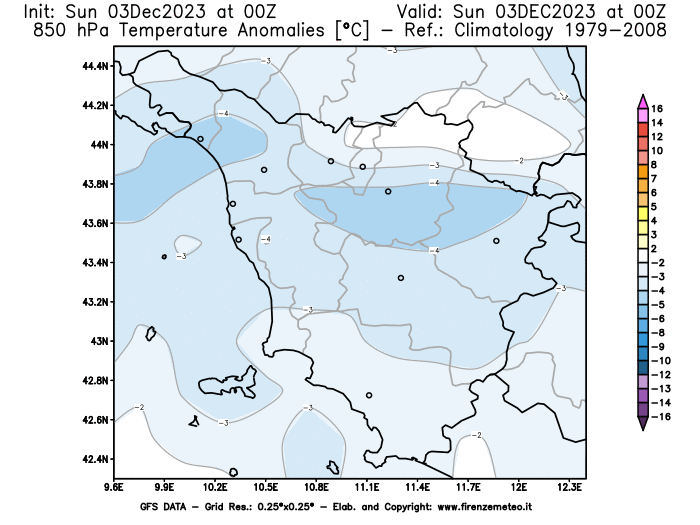 Mappa di analisi GFS - Anomalia Temperatura a 850 hPa in Toscana
							del 3 dicembre 2023 z00
