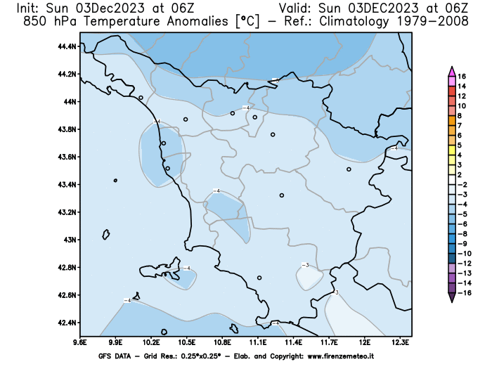 Mappa di analisi GFS - Anomalia Temperatura a 850 hPa in Toscana
							del 3 dicembre 2023 z06