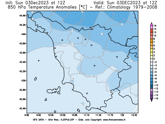 Mappa di analisi GFS - Anomalia Temperatura a 850 hPa in Toscana
							del 3 dicembre 2023 z12