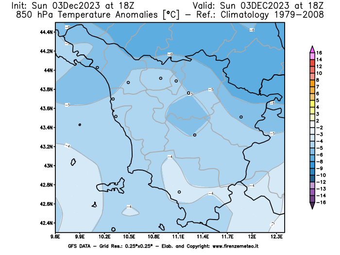 Mappa di analisi GFS - Anomalia Temperatura a 850 hPa in Toscana
							del 3 dicembre 2023 z18