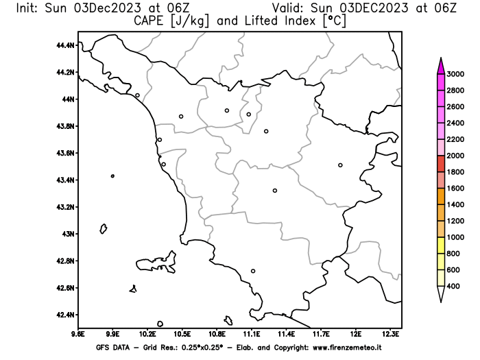 GFS analysi map - CAPE and Lifted Index in Tuscany
									on December 3, 2023 H06