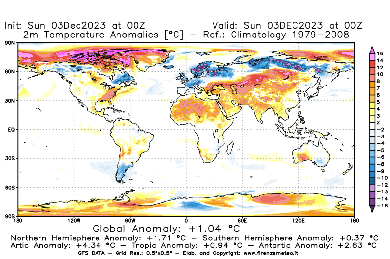 Mappa di analisi GFS - Anomalia Temperatura a 2 m in World
							del 3 dicembre 2023 z00