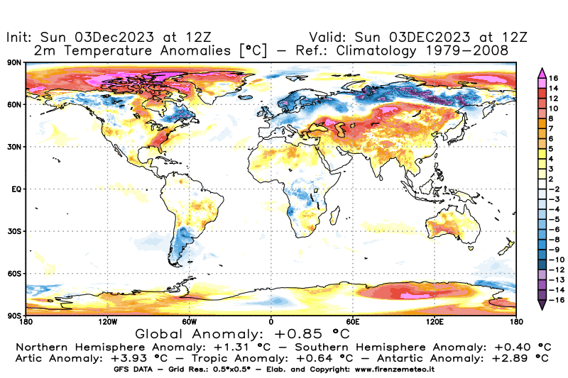 Mappa di analisi GFS - Anomalia Temperatura a 2 m in World
							del 3 dicembre 2023 z12