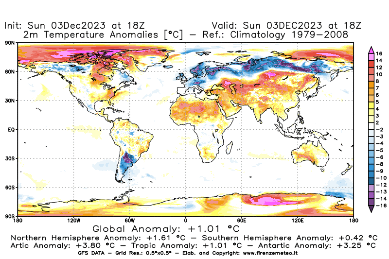 Mappa di analisi GFS - Anomalia Temperatura a 2 m in World
							del 3 dicembre 2023 z18