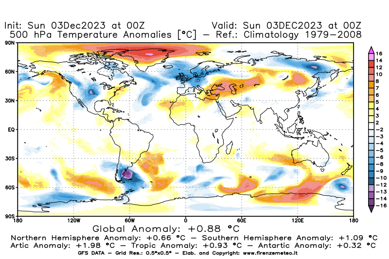 Mappa di analisi GFS - Anomalia Temperatura a 500 hPa in World
							del 3 dicembre 2023 z00