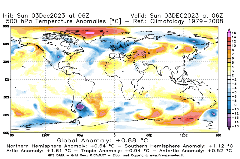 Mappa di analisi GFS - Anomalia Temperatura a 500 hPa in World
							del 3 dicembre 2023 z06