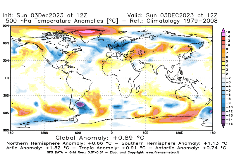 Mappa di analisi GFS - Anomalia Temperatura a 500 hPa in World
							del 3 dicembre 2023 z12