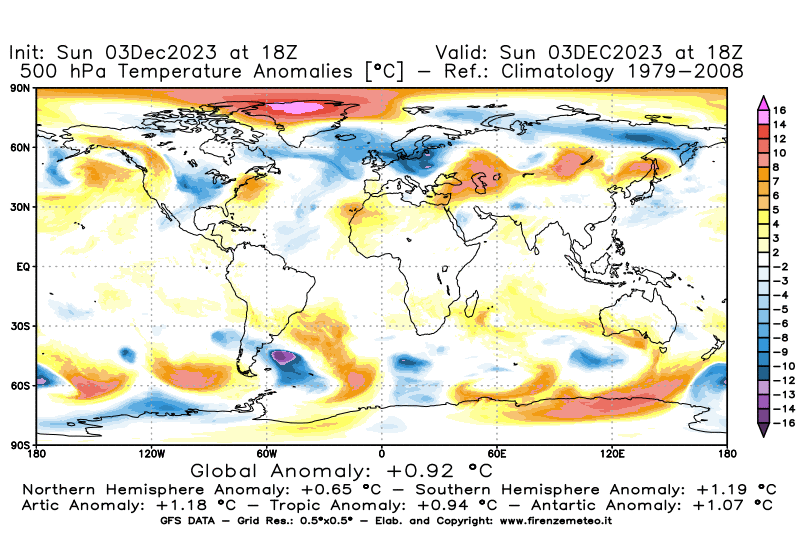 Mappa di analisi GFS - Anomalia Temperatura a 500 hPa in World
							del 3 dicembre 2023 z18