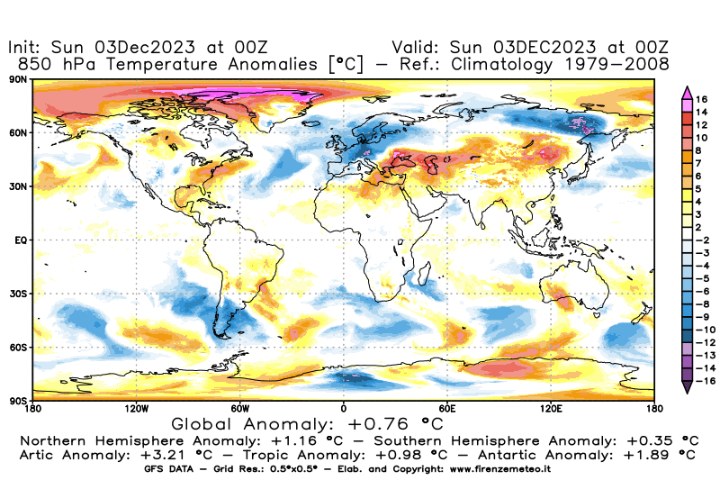 Mappa di analisi GFS - Anomalia Temperatura a 850 hPa in World
							del 3 dicembre 2023 z00