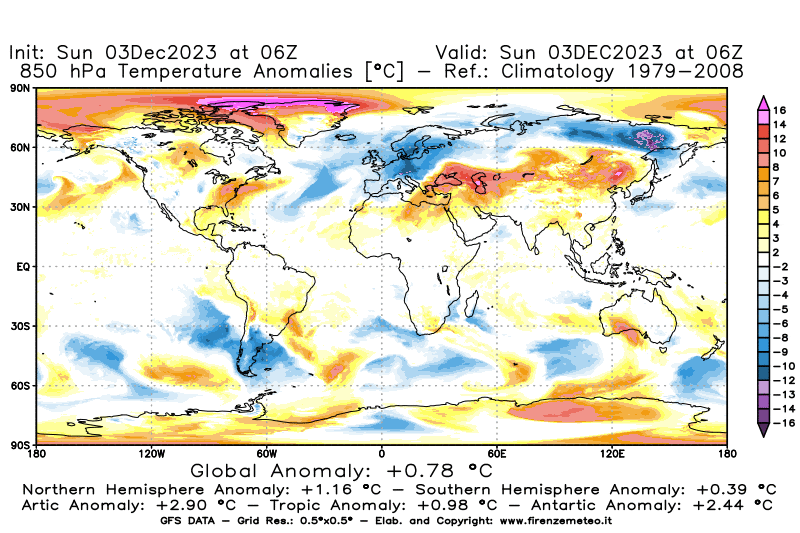 Mappa di analisi GFS - Anomalia Temperatura a 850 hPa in World
							del 3 dicembre 2023 z06