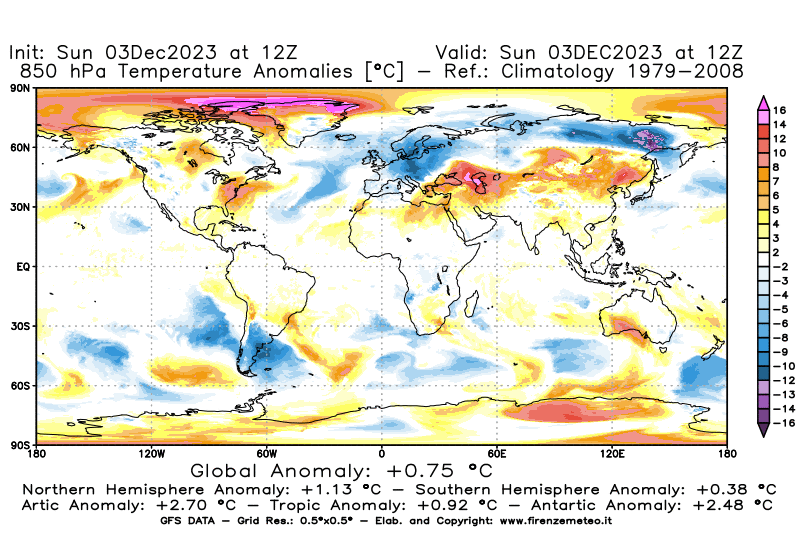 Mappa di analisi GFS - Anomalia Temperatura a 850 hPa in World
							del 3 dicembre 2023 z12