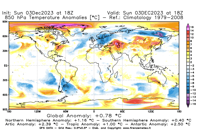 Mappa di analisi GFS - Anomalia Temperatura a 850 hPa in World
							del 3 dicembre 2023 z18