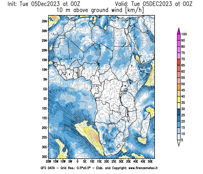 GFS analysi map - Wind Speed at 10 m above ground in Africa
									on December 5, 2023 H00