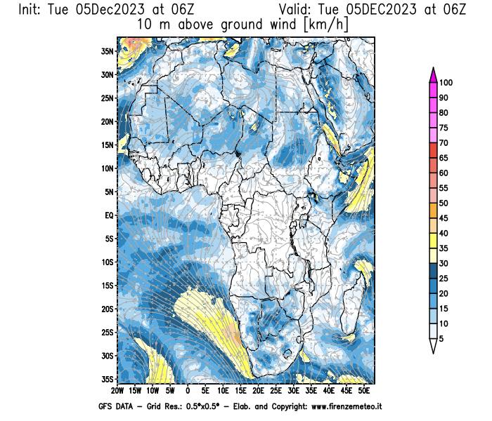 GFS analysi map - Wind Speed at 10 m above ground in Africa
									on December 5, 2023 H06