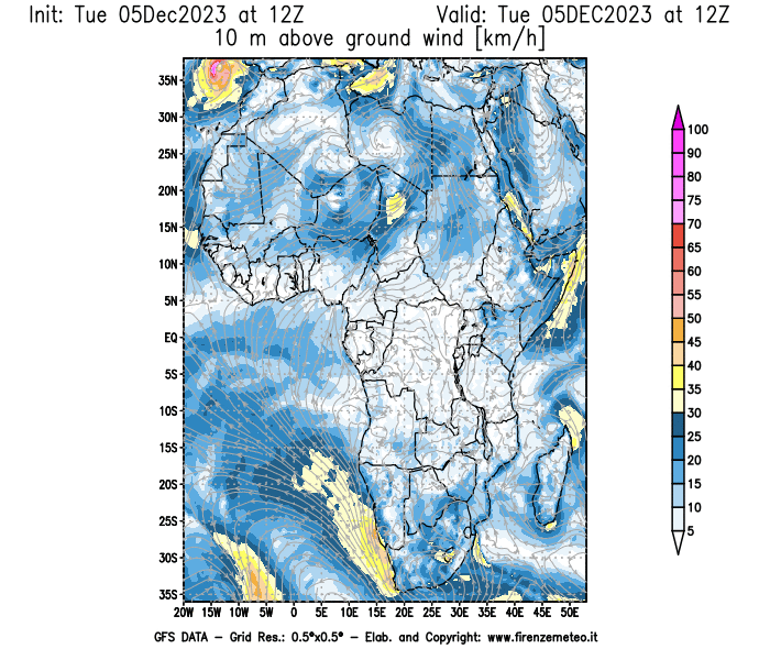 GFS analysi map - Wind Speed at 10 m above ground in Africa
									on December 5, 2023 H12
