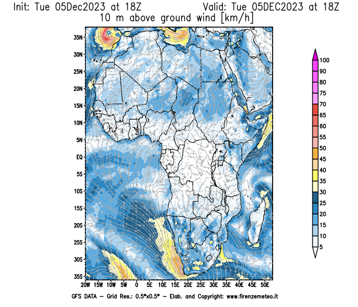 GFS analysi map - Wind Speed at 10 m above ground in Africa
									on December 5, 2023 H18