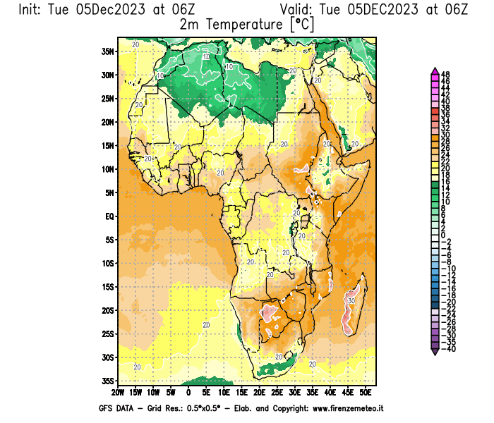 GFS analysi map - Temperature at 2 m above ground in Africa
									on December 5, 2023 H06