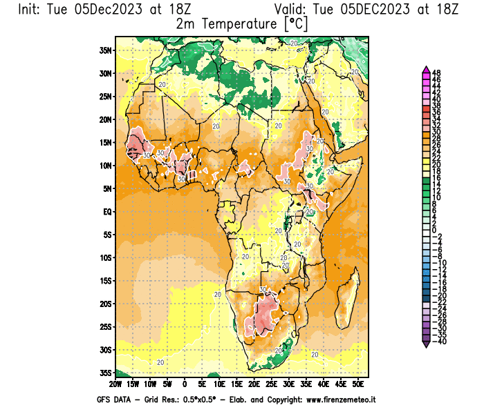 GFS analysi map - Temperature at 2 m above ground in Africa
									on December 5, 2023 H18