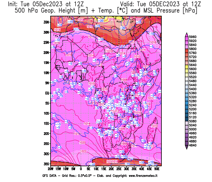 GFS analysi map - Geopotential + Temp. at 500 hPa + Sea Level Pressure in Africa
									on December 5, 2023 H12