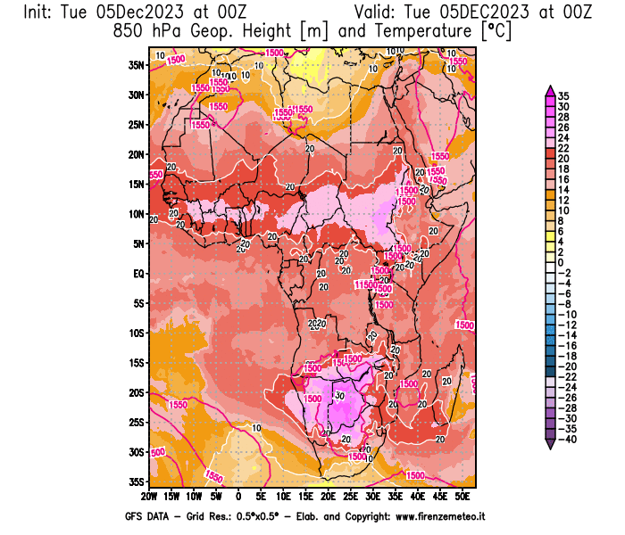 GFS analysi map - Geopotential and Temperature at 850 hPa in Africa
									on December 5, 2023 H00