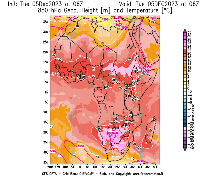 GFS analysi map - Geopotential and Temperature at 850 hPa in Africa
									on December 5, 2023 H06