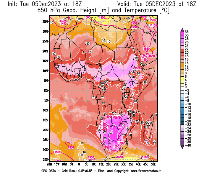 GFS analysi map - Geopotential and Temperature at 850 hPa in Africa
									on December 5, 2023 H18