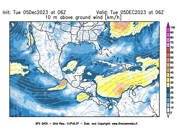 GFS analysi map - Wind Speed at 10 m above ground in Central America
									on December 5, 2023 H06