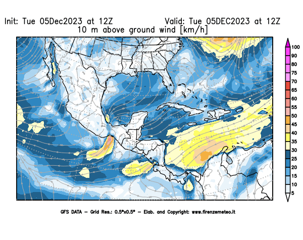 GFS analysi map - Wind Speed at 10 m above ground in Central America
									on December 5, 2023 H12