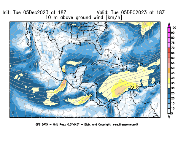 GFS analysi map - Wind Speed at 10 m above ground in Central America
									on December 5, 2023 H18
