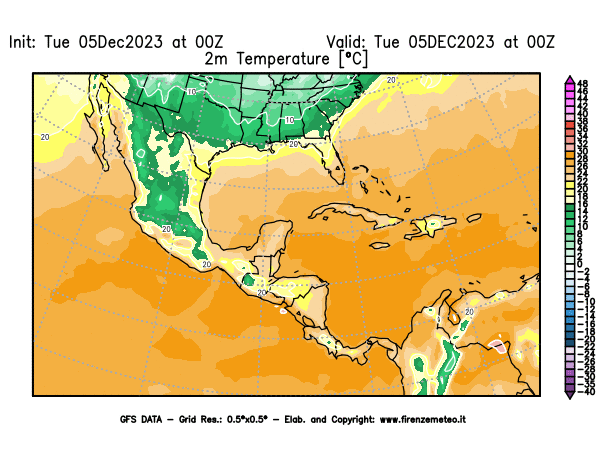 GFS analysi map - Temperature at 2 m above ground in Central America
									on December 5, 2023 H00