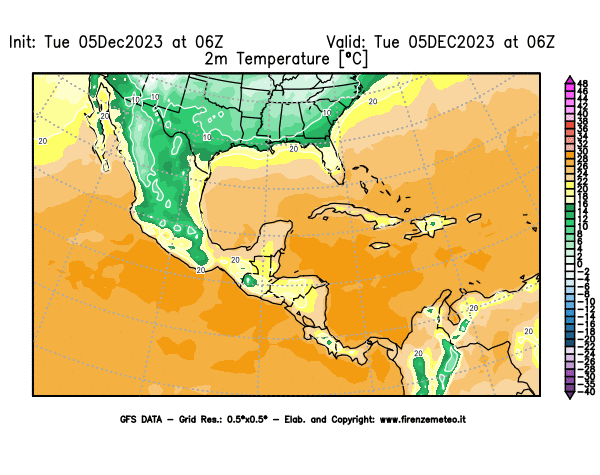 GFS analysi map - Temperature at 2 m above ground in Central America
									on December 5, 2023 H06