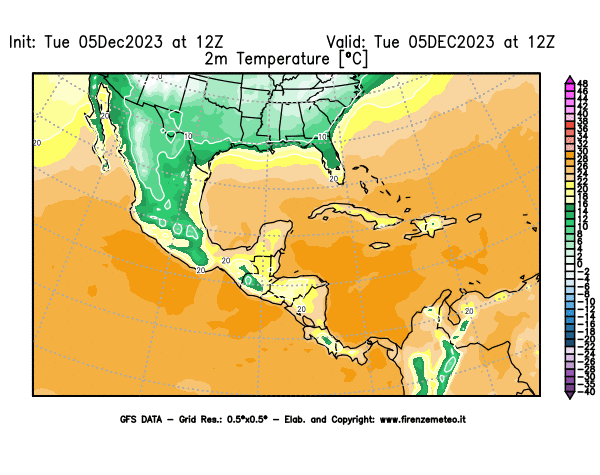 GFS analysi map - Temperature at 2 m above ground in Central America
									on December 5, 2023 H12