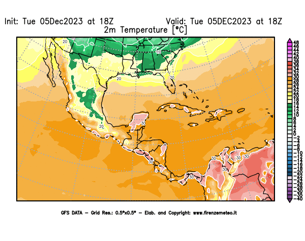 GFS analysi map - Temperature at 2 m above ground in Central America
									on December 5, 2023 H18