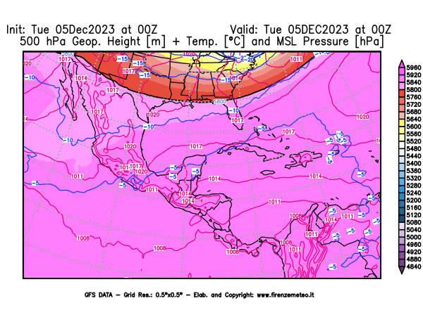 GFS analysi map - Geopotential + Temp. at 500 hPa + Sea Level Pressure in Central America
									on December 5, 2023 H00